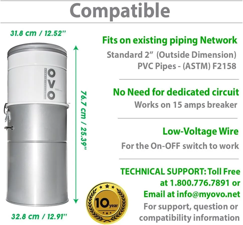 OVO 750 Airwatts Heavy Duty Powerful Central Vacuum System, Hybrid Filtration (with or Without Disposable Bags) 35L or 9.25Gal Bottom Load Dust Bin