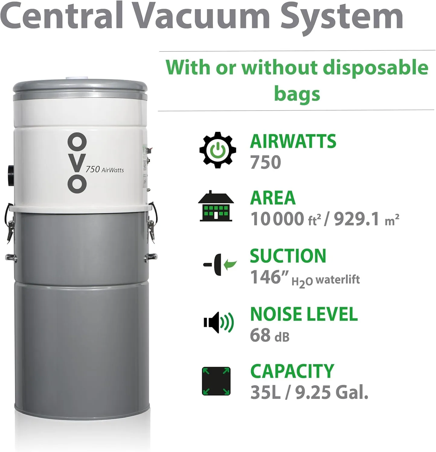 OVO 750 Airwatts Heavy Duty Powerful Central Vacuum System, Hybrid Filtration (with or Without Disposable Bags) 35L or 9.25Gal Bottom Load Dust Bin