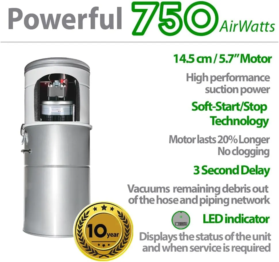 OVO 750 Airwatts Heavy Duty Powerful Central Vacuum System, Hybrid Filtration (with or Without Disposable Bags) 35L or 9.25Gal Bottom Load Dust Bin