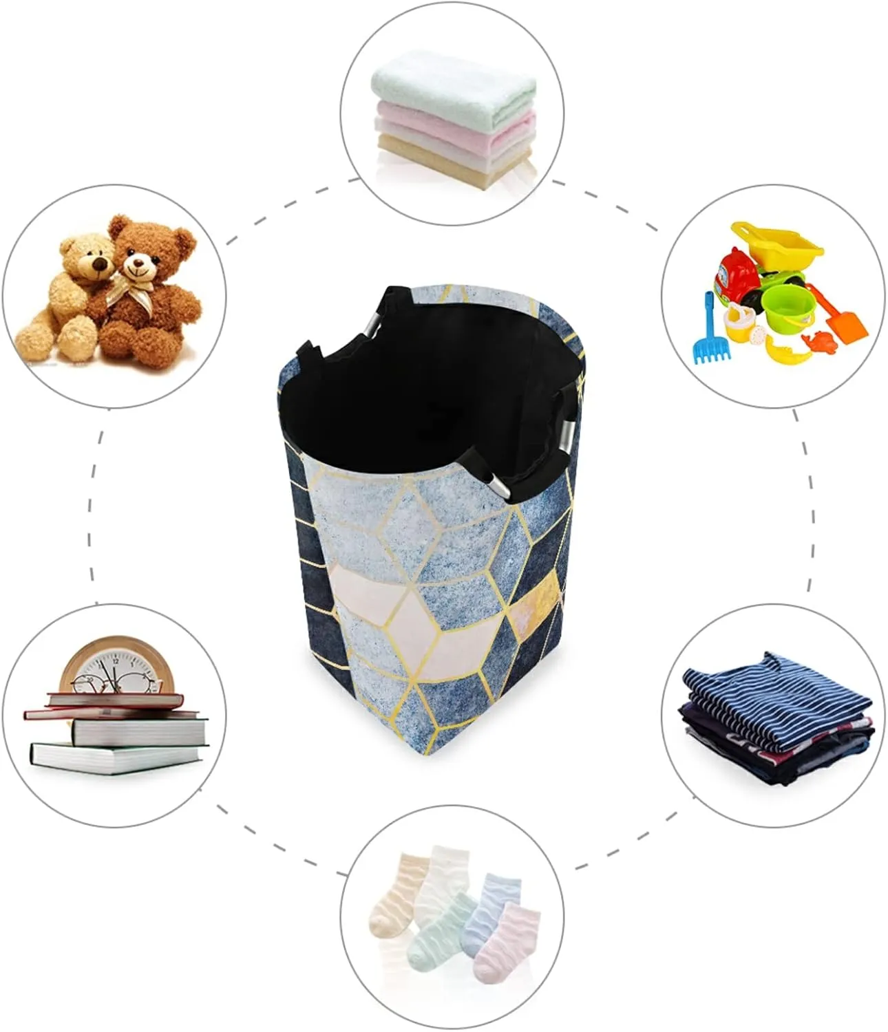 Oyihfvs Abstract Blue Grey Gradient Cubic with Gold Lines Laundry Hamper Basket Bucket, Foldable Dirty Clothes Bag, Waterproof Fabric Washing Bin, Toy Storage with Handles for Bathroom