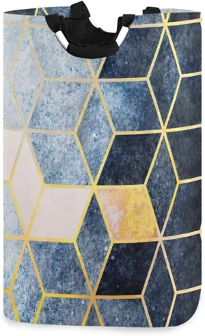 Oyihfvs Abstract Blue Grey Gradient Cubic with Gold Lines Laundry Hamper Basket Bucket, Foldable Dirty Clothes Bag, Waterproof Fabric Washing Bin, Toy Storage with Handles for Bathroom