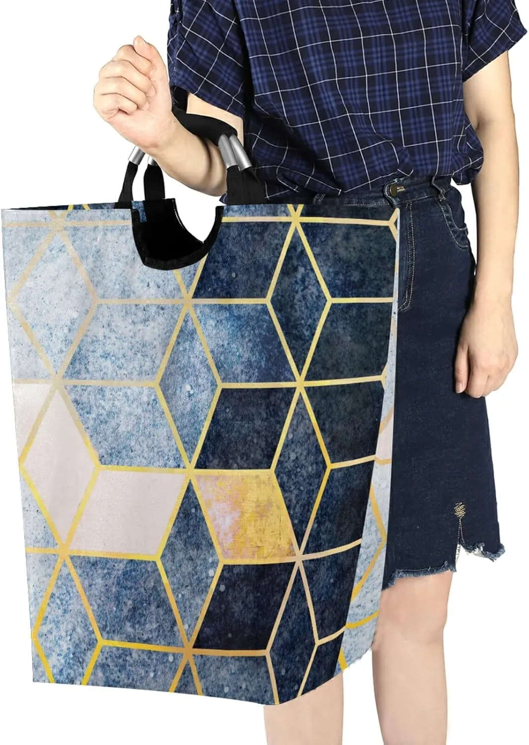 Oyihfvs Abstract Blue Grey Gradient Cubic with Gold Lines Laundry Hamper Basket Bucket, Foldable Dirty Clothes Bag, Waterproof Fabric Washing Bin, Toy Storage with Handles for Bathroom