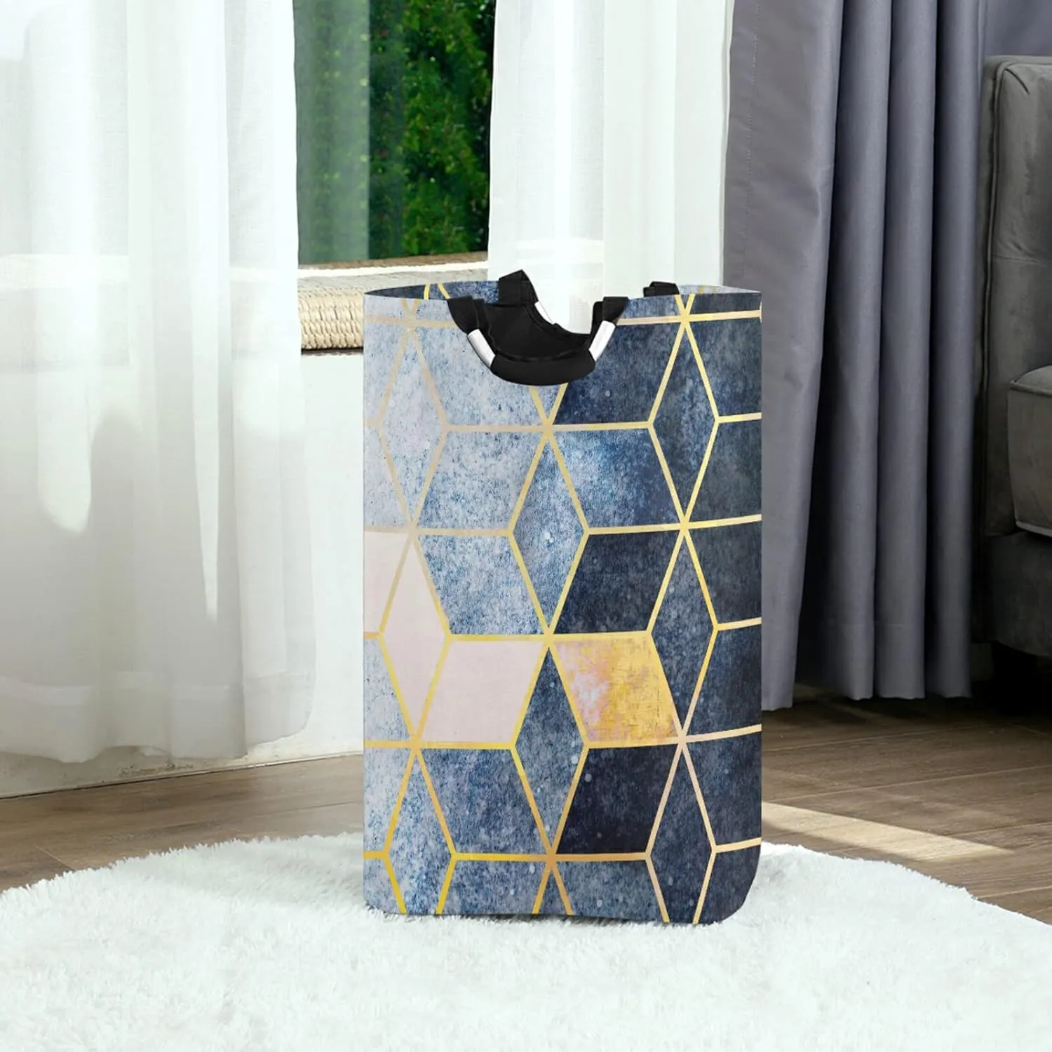 Oyihfvs Abstract Blue Grey Gradient Cubic with Gold Lines Laundry Hamper Basket Bucket, Foldable Dirty Clothes Bag, Waterproof Fabric Washing Bin, Toy Storage with Handles for Bathroom