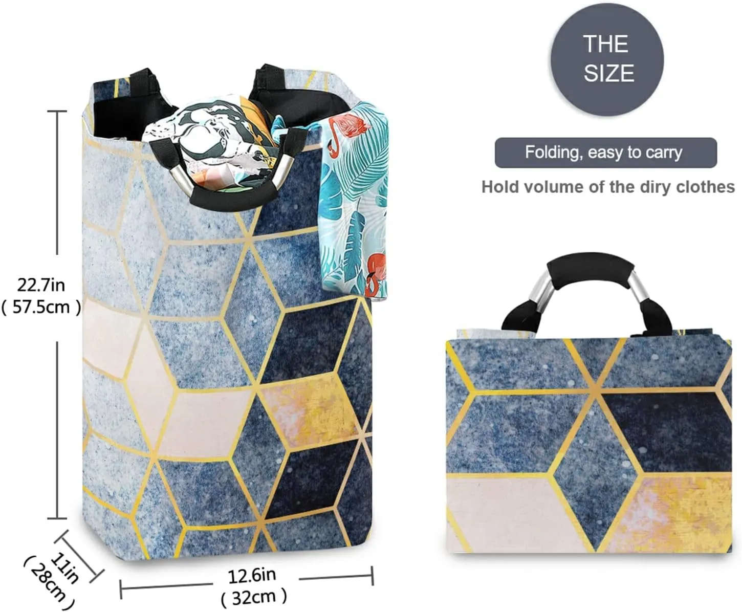 Oyihfvs Abstract Blue Grey Gradient Cubic with Gold Lines Laundry Hamper Basket Bucket, Foldable Dirty Clothes Bag, Waterproof Fabric Washing Bin, Toy Storage with Handles for Bathroom