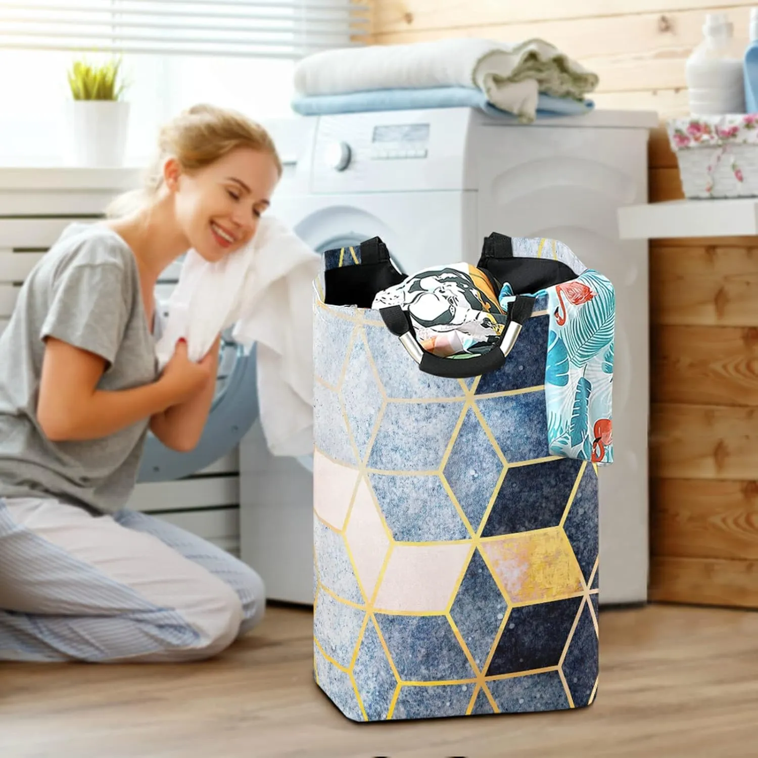 Oyihfvs Abstract Blue Grey Gradient Cubic with Gold Lines Laundry Hamper Basket Bucket, Foldable Dirty Clothes Bag, Waterproof Fabric Washing Bin, Toy Storage with Handles for Bathroom