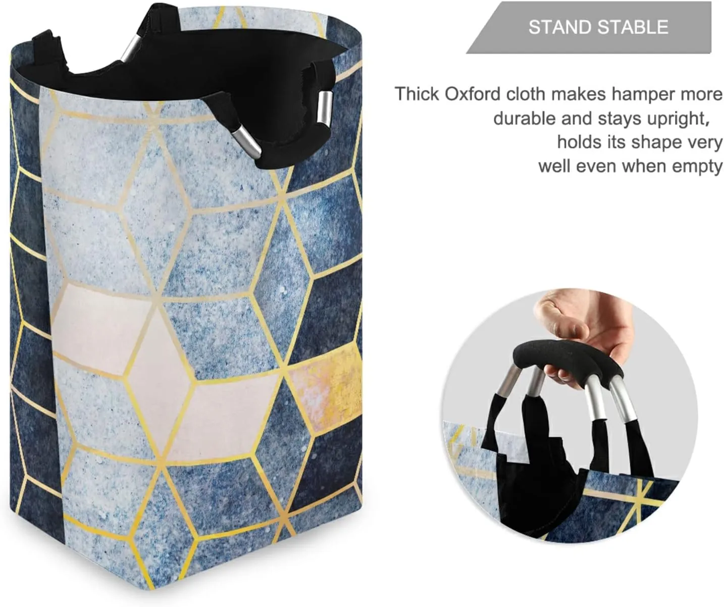 Oyihfvs Abstract Blue Grey Gradient Cubic with Gold Lines Laundry Hamper Basket Bucket, Foldable Dirty Clothes Bag, Waterproof Fabric Washing Bin, Toy Storage with Handles for Bathroom