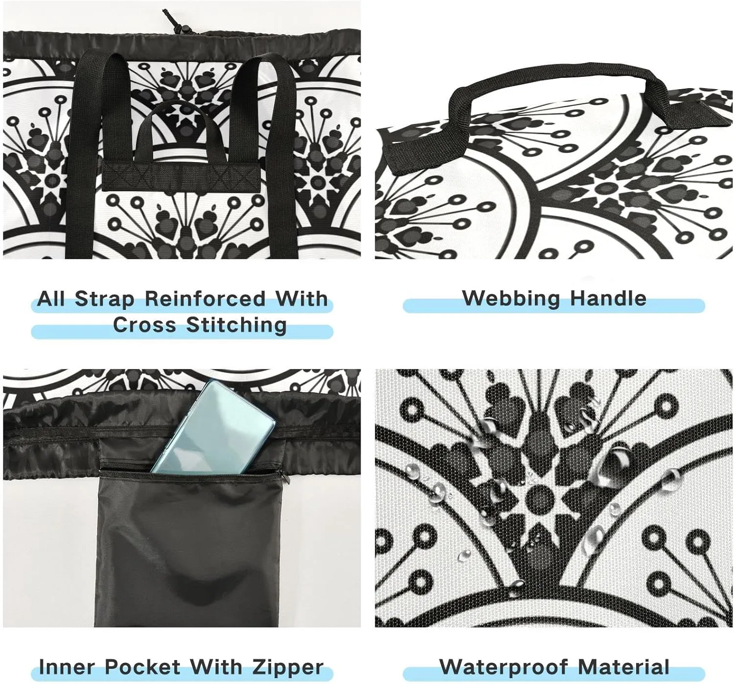Oyihfvs Chinese Floral Porcelain Watercolor Black and White Ceramic Backpack Laundry Bag, Laundry Backpack with Shoulder Straps, Waterproof Nylon Clothes Hamper Bag for Men Women Yoga Backpack
