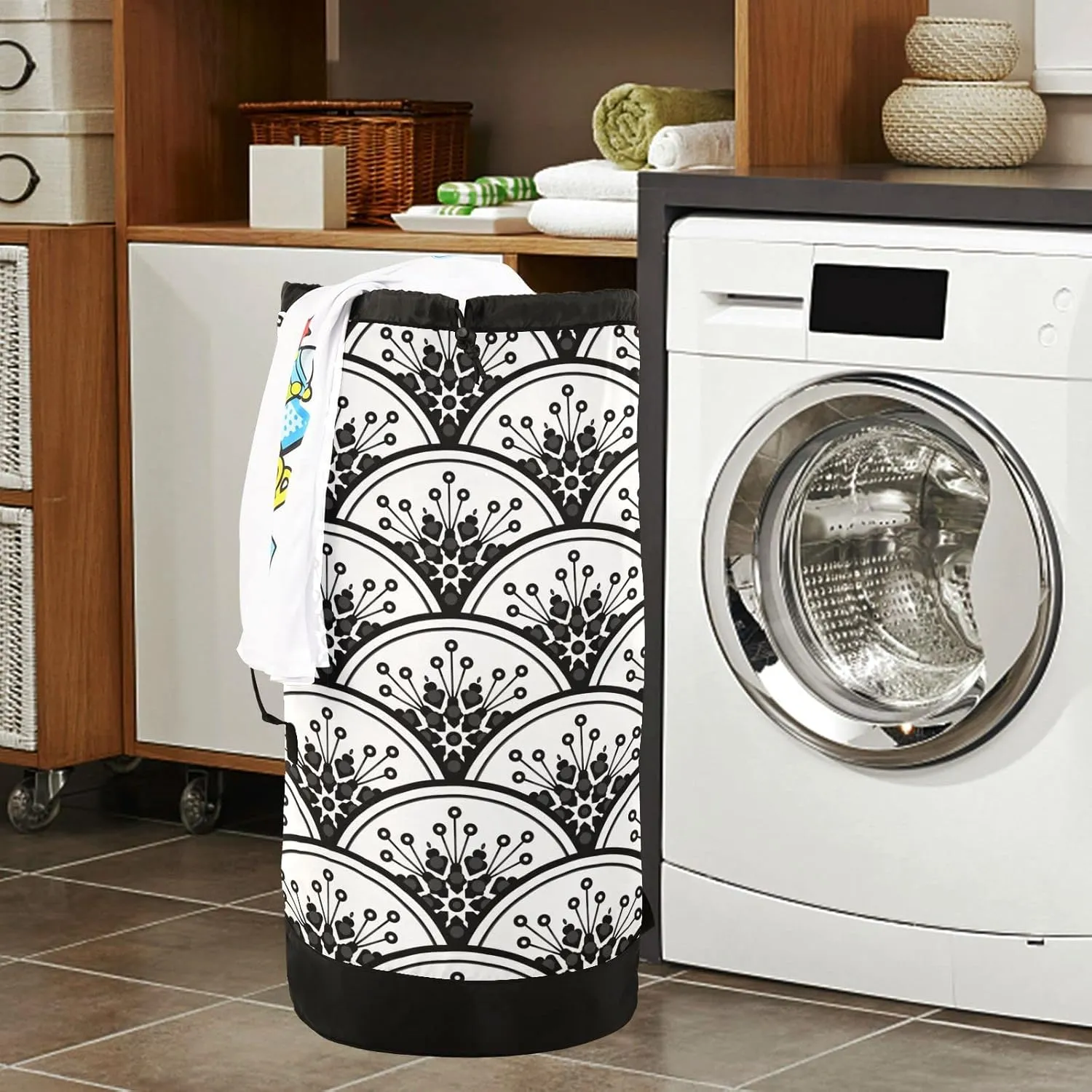 Oyihfvs Chinese Floral Porcelain Watercolor Black and White Ceramic Backpack Laundry Bag, Laundry Backpack with Shoulder Straps, Waterproof Nylon Clothes Hamper Bag for Men Women Yoga Backpack