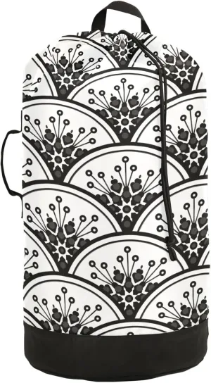 Oyihfvs Chinese Floral Porcelain Watercolor Black and White Ceramic Backpack Laundry Bag, Laundry Backpack with Shoulder Straps, Waterproof Nylon Clothes Hamper Bag for Men Women Yoga Backpack