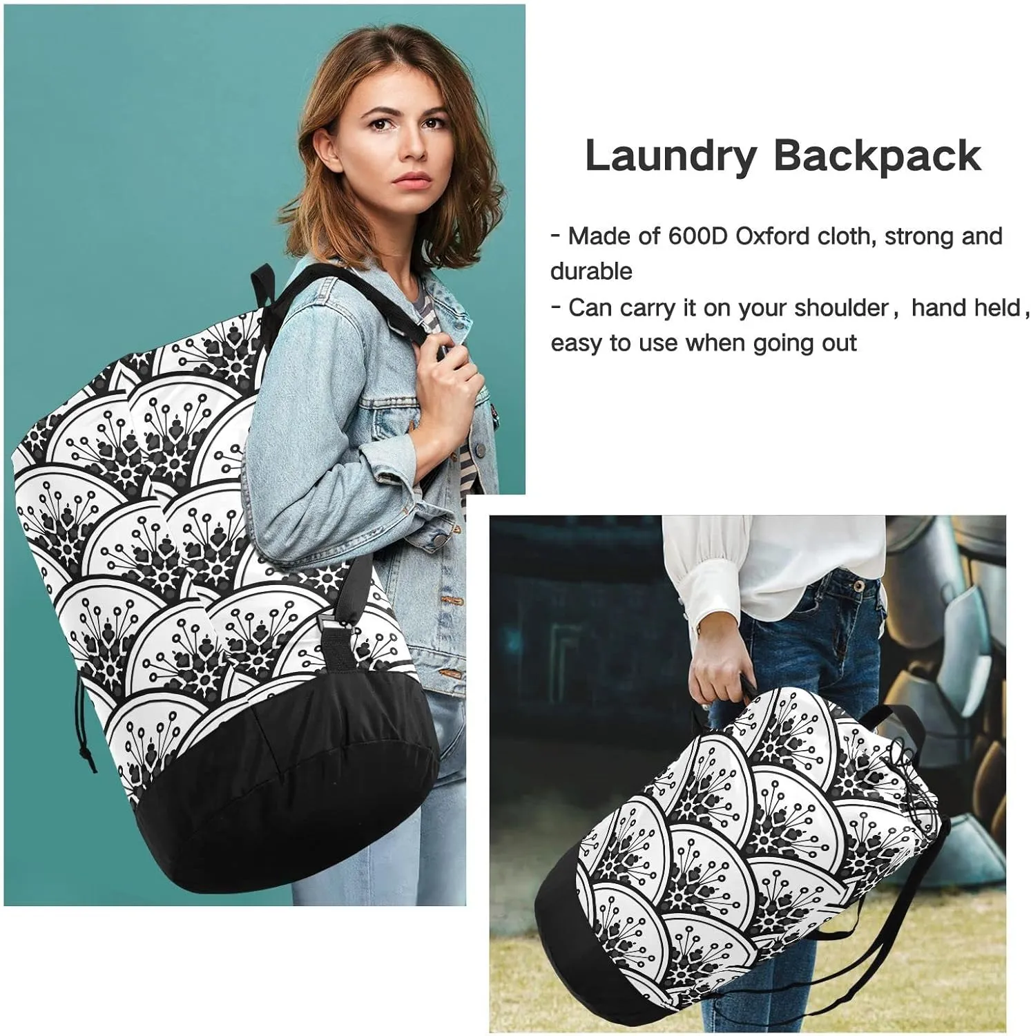 Oyihfvs Chinese Floral Porcelain Watercolor Black and White Ceramic Backpack Laundry Bag, Laundry Backpack with Shoulder Straps, Waterproof Nylon Clothes Hamper Bag for Men Women Yoga Backpack