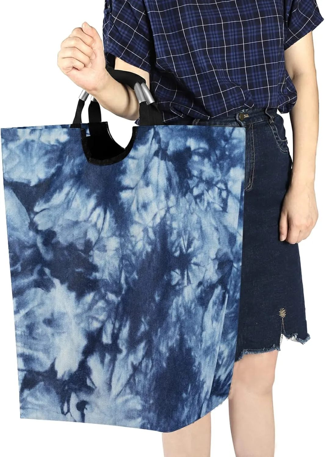 Oyihfvs Indigo Tie Dyed Pattern on Cotton Fabric Abstract Background Laundry Hamper Basket Bucket, Foldable Dirty Clothes Bag, Waterproof Fabric Washing Bin, Toy Storage with Handles for Bathroom