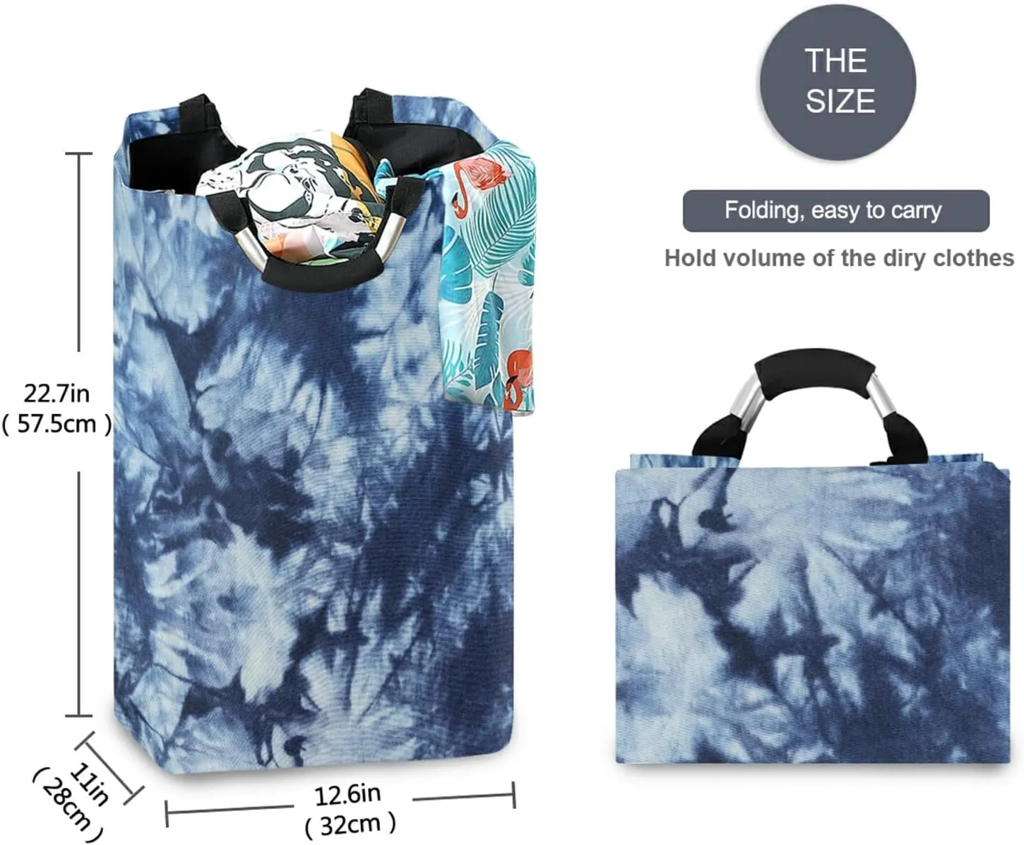 Oyihfvs Indigo Tie Dyed Pattern on Cotton Fabric Abstract Background Laundry Hamper Basket Bucket, Foldable Dirty Clothes Bag, Waterproof Fabric Washing Bin, Toy Storage with Handles for Bathroom