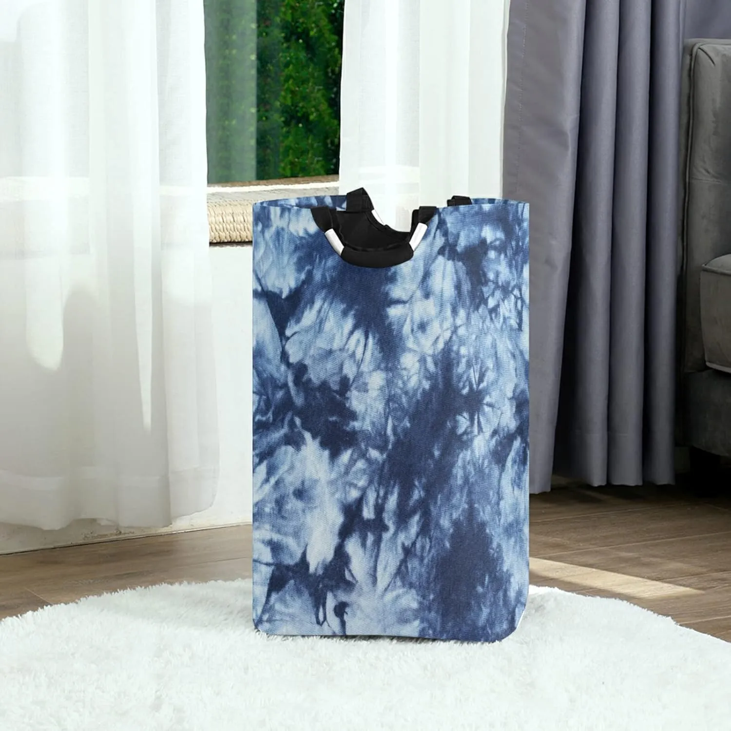 Oyihfvs Indigo Tie Dyed Pattern on Cotton Fabric Abstract Background Laundry Hamper Basket Bucket, Foldable Dirty Clothes Bag, Waterproof Fabric Washing Bin, Toy Storage with Handles for Bathroom