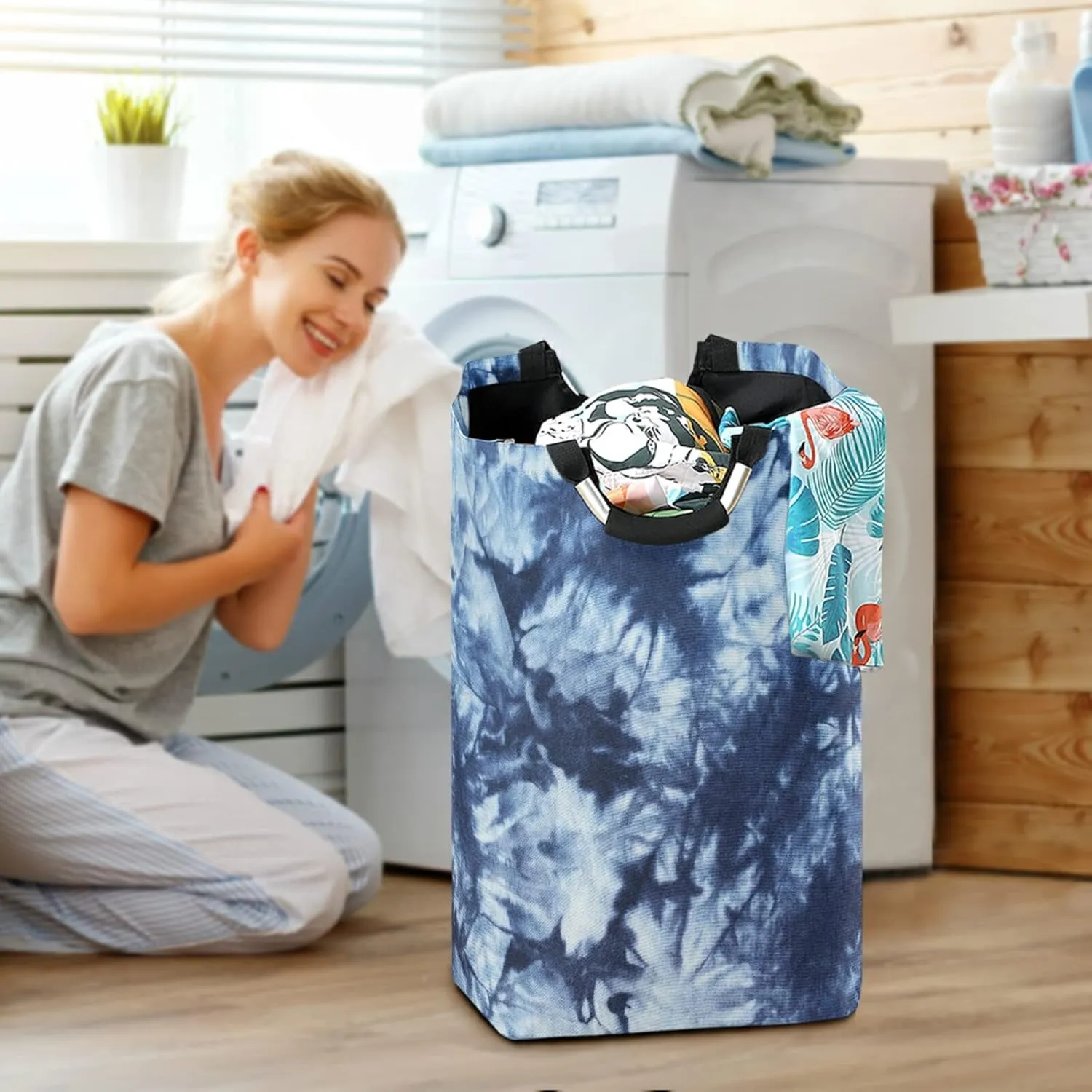 Oyihfvs Indigo Tie Dyed Pattern on Cotton Fabric Abstract Background Laundry Hamper Basket Bucket, Foldable Dirty Clothes Bag, Waterproof Fabric Washing Bin, Toy Storage with Handles for Bathroom