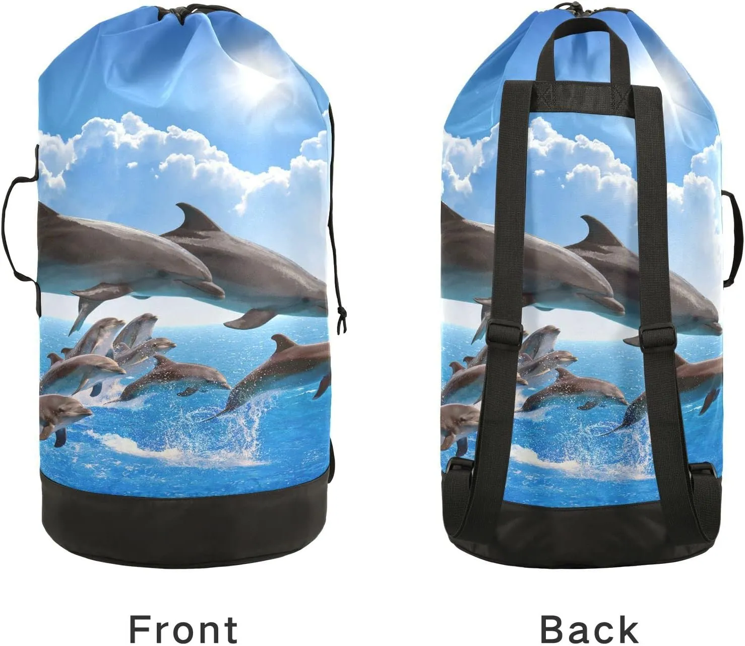Oyihfvs Jumping Dolphins Blue Sea Sky White Clouds Sun Backpack Laundry Bag, Laundry Backpack with Shoulder Straps, Waterproof Nylon Clothes Hamper Bag for Men Women Yoga Backpack