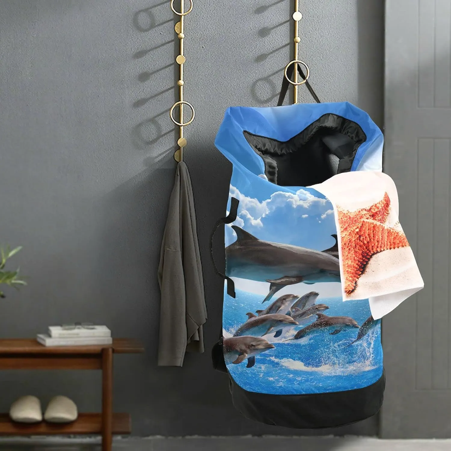 Oyihfvs Jumping Dolphins Blue Sea Sky White Clouds Sun Backpack Laundry Bag, Laundry Backpack with Shoulder Straps, Waterproof Nylon Clothes Hamper Bag for Men Women Yoga Backpack