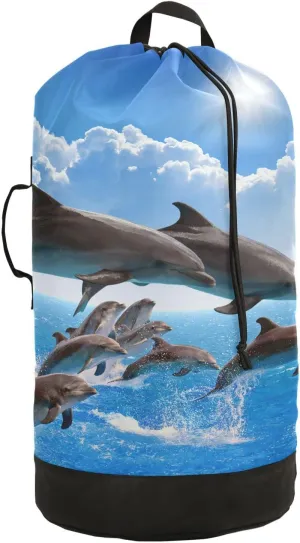 Oyihfvs Jumping Dolphins Blue Sea Sky White Clouds Sun Backpack Laundry Bag, Laundry Backpack with Shoulder Straps, Waterproof Nylon Clothes Hamper Bag for Men Women Yoga Backpack