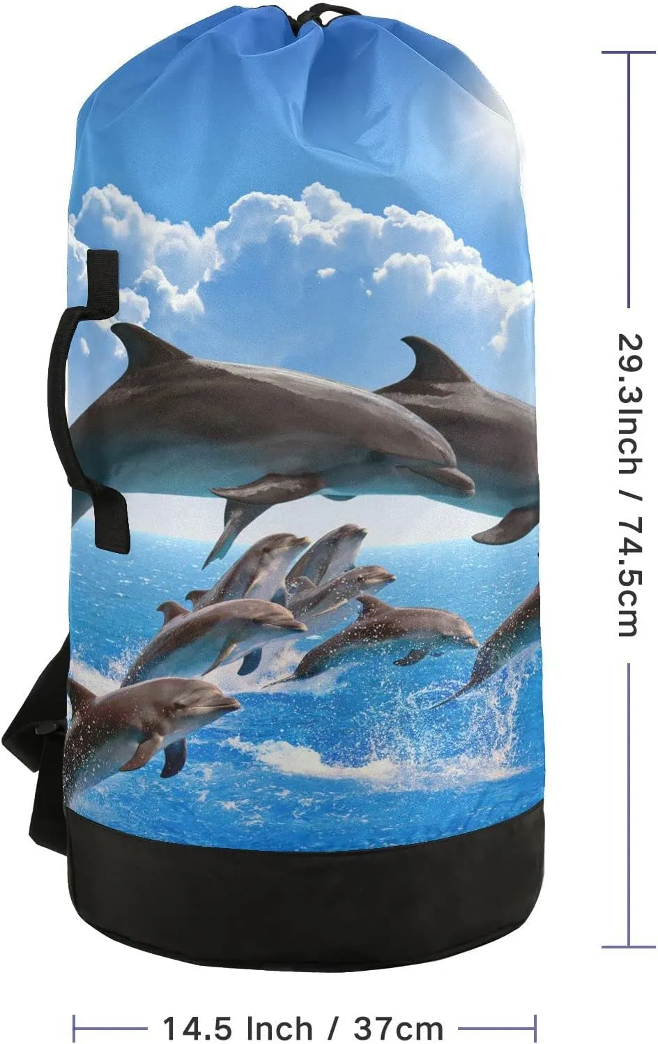Oyihfvs Jumping Dolphins Blue Sea Sky White Clouds Sun Backpack Laundry Bag, Laundry Backpack with Shoulder Straps, Waterproof Nylon Clothes Hamper Bag for Men Women Yoga Backpack