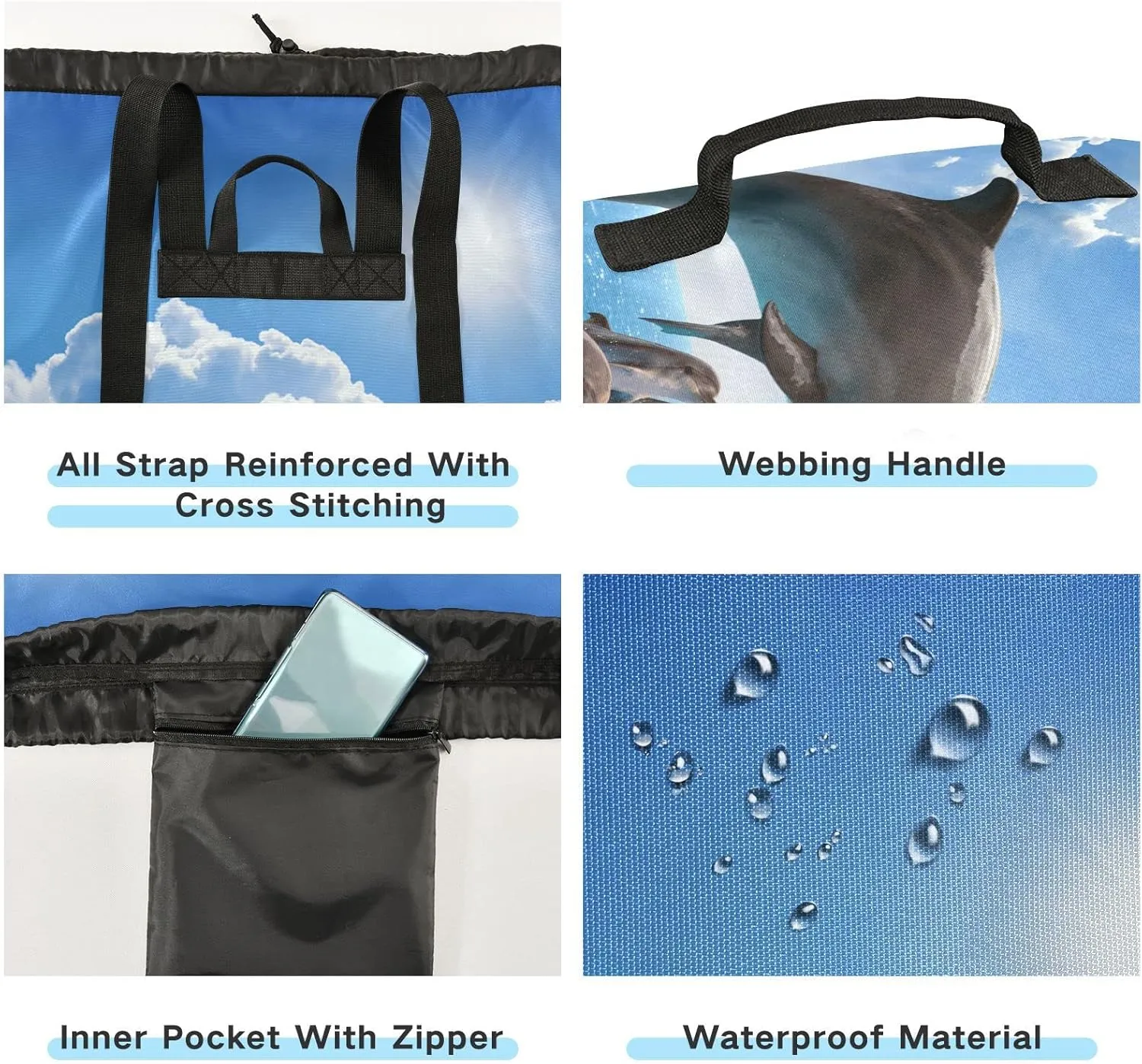 Oyihfvs Jumping Dolphins Blue Sea Sky White Clouds Sun Backpack Laundry Bag, Laundry Backpack with Shoulder Straps, Waterproof Nylon Clothes Hamper Bag for Men Women Yoga Backpack