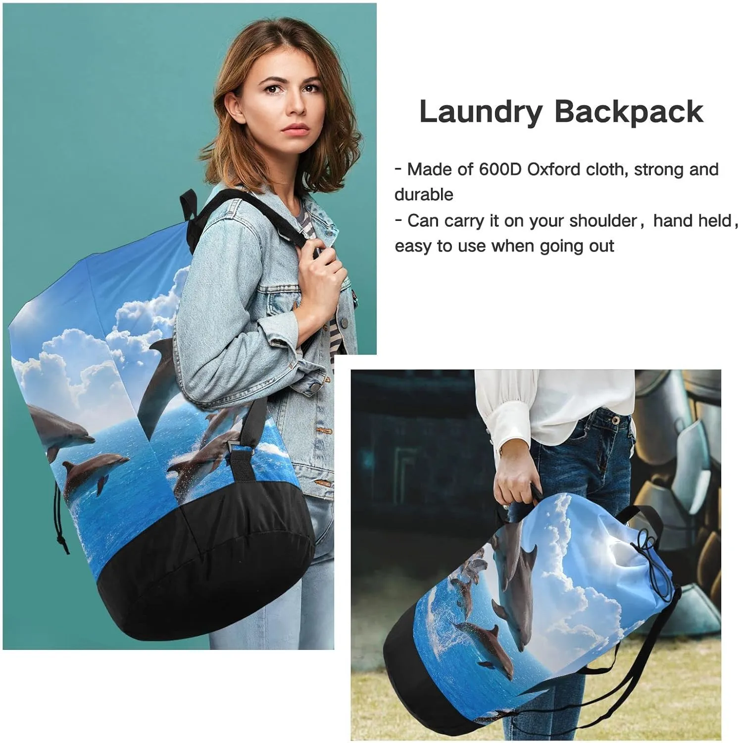 Oyihfvs Jumping Dolphins Blue Sea Sky White Clouds Sun Backpack Laundry Bag, Laundry Backpack with Shoulder Straps, Waterproof Nylon Clothes Hamper Bag for Men Women Yoga Backpack