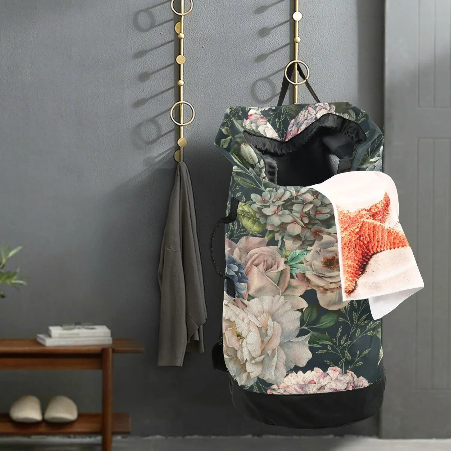Oyihfvs Seamless Floral Flowers Roses with Green Leaves on Dark Backpack Laundry Bag, Laundry Backpack with Shoulder Straps, Waterproof Nylon Clothes Hamper Bag for Men Women Yoga Backpack