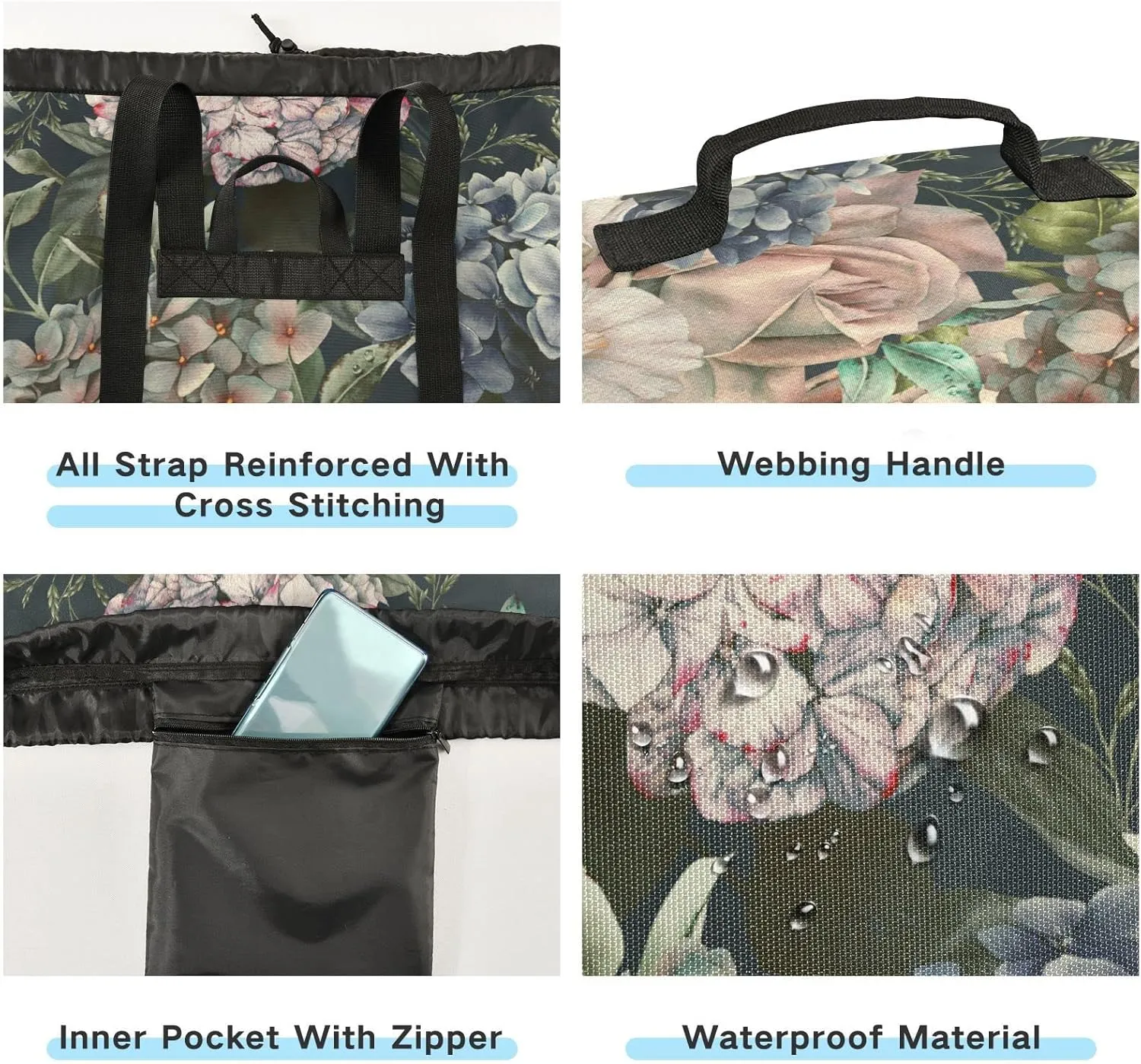 Oyihfvs Seamless Floral Flowers Roses with Green Leaves on Dark Backpack Laundry Bag, Laundry Backpack with Shoulder Straps, Waterproof Nylon Clothes Hamper Bag for Men Women Yoga Backpack