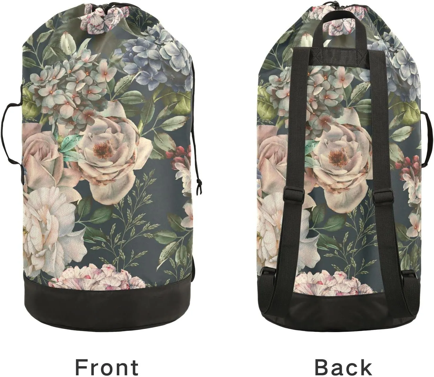 Oyihfvs Seamless Floral Flowers Roses with Green Leaves on Dark Backpack Laundry Bag, Laundry Backpack with Shoulder Straps, Waterproof Nylon Clothes Hamper Bag for Men Women Yoga Backpack