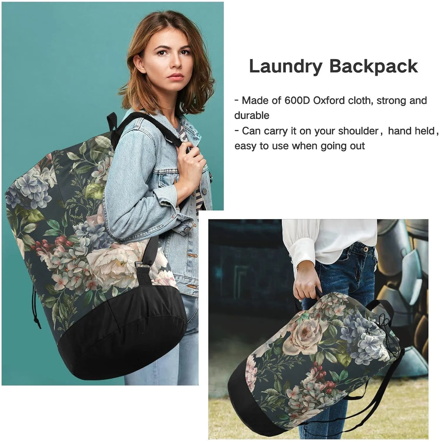 Oyihfvs Seamless Floral Flowers Roses with Green Leaves on Dark Backpack Laundry Bag, Laundry Backpack with Shoulder Straps, Waterproof Nylon Clothes Hamper Bag for Men Women Yoga Backpack