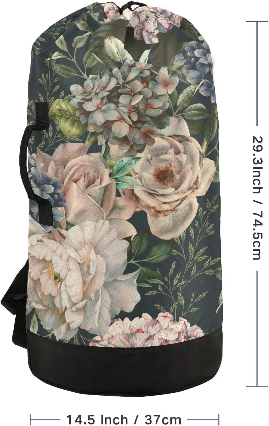 Oyihfvs Seamless Floral Flowers Roses with Green Leaves on Dark Backpack Laundry Bag, Laundry Backpack with Shoulder Straps, Waterproof Nylon Clothes Hamper Bag for Men Women Yoga Backpack