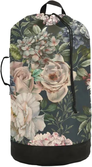 Oyihfvs Seamless Floral Flowers Roses with Green Leaves on Dark Backpack Laundry Bag, Laundry Backpack with Shoulder Straps, Waterproof Nylon Clothes Hamper Bag for Men Women Yoga Backpack