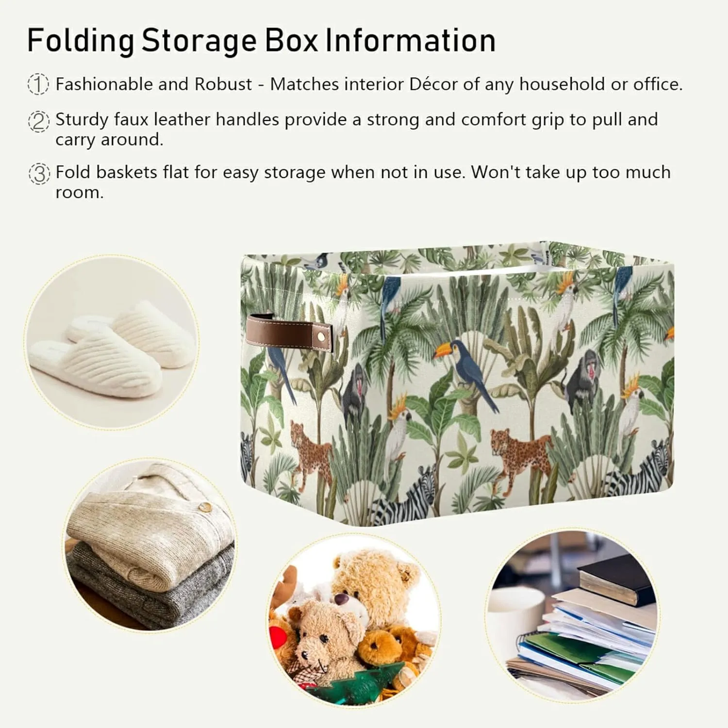 Oyihfvs Seamless Green Exotic Trees Tiger Giraffe Toucan Monkeys Birds 1 PC Rectangle Storage Basket Collapsible Fabric with Leather Handles Bag Organizer Clothes for Home Bedroom 15 x 11 x 9.5 in