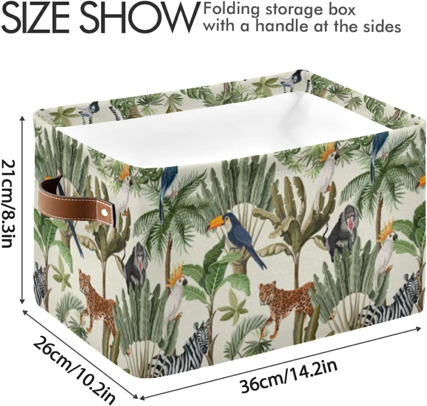 Oyihfvs Seamless Green Exotic Trees Tiger Giraffe Toucan Monkeys Birds 1 PC Rectangle Storage Basket Collapsible Fabric with Leather Handles Bag Organizer Clothes for Home Bedroom 15 x 11 x 9.5 in