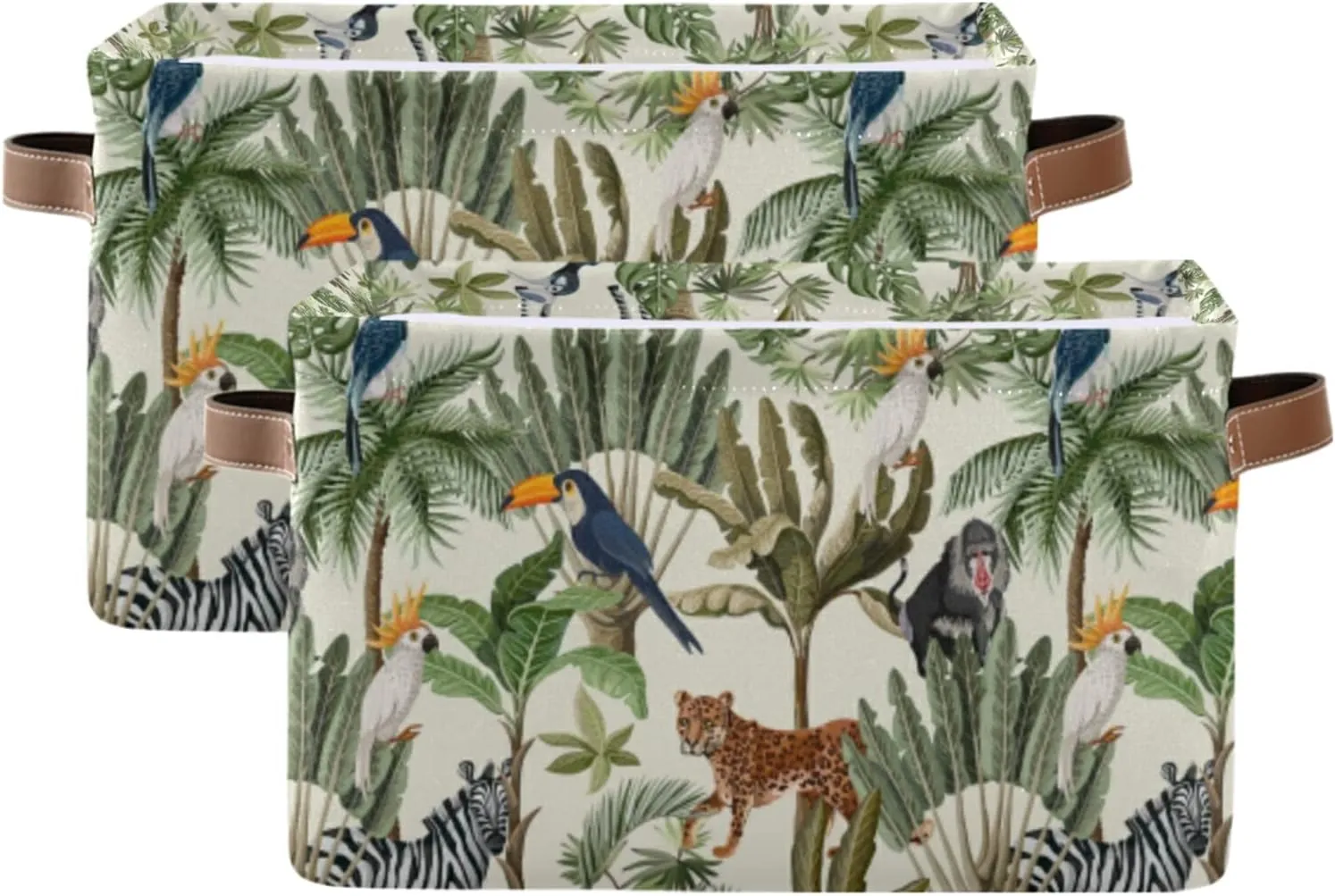 Oyihfvs Seamless Green Exotic Trees Tiger Giraffe Toucan Monkeys Birds 1 PC Rectangle Storage Basket Collapsible Fabric with Leather Handles Bag Organizer Clothes for Home Bedroom 15 x 11 x 9.5 in