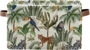 Oyihfvs Seamless Green Exotic Trees Tiger Giraffe Toucan Monkeys Birds 1 PC Rectangle Storage Basket Collapsible Fabric with Leather Handles Bag Organizer Clothes for Home Bedroom 15 x 11 x 9.5 in