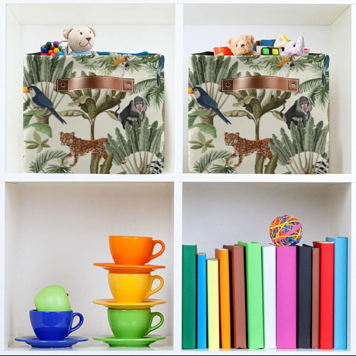 Oyihfvs Seamless Green Exotic Trees Tiger Giraffe Toucan Monkeys Birds 1 PC Rectangle Storage Basket Collapsible Fabric with Leather Handles Bag Organizer Clothes for Home Bedroom 15 x 11 x 9.5 in