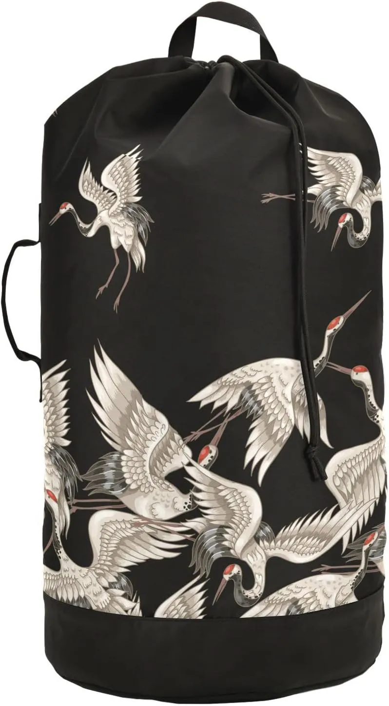 Oyihfvs Seamless Japanese White Cranes Flying on Black Dark Backpack Laundry Bag, Laundry Backpack with Shoulder Straps, Waterproof Nylon Clothes Hamper Bag for Men Women Yoga Backpack