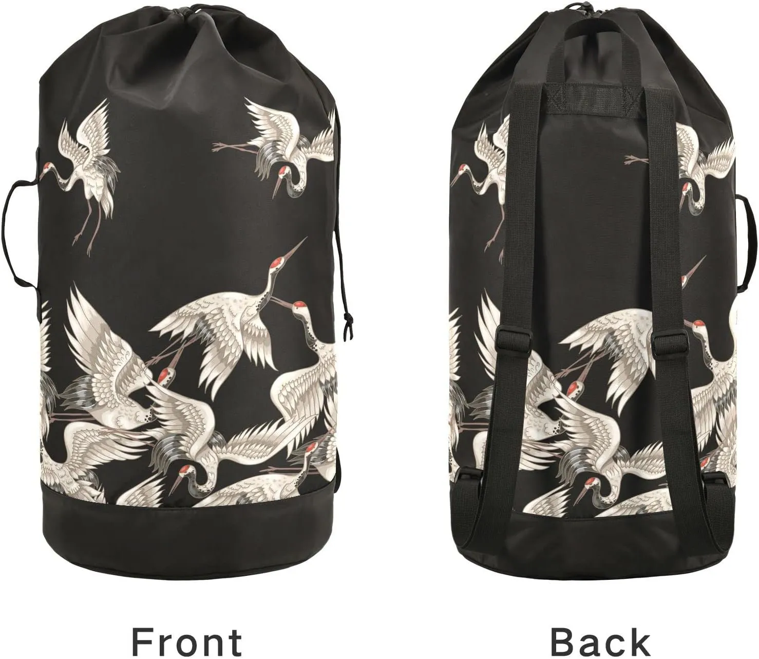 Oyihfvs Seamless Japanese White Cranes Flying on Black Dark Backpack Laundry Bag, Laundry Backpack with Shoulder Straps, Waterproof Nylon Clothes Hamper Bag for Men Women Yoga Backpack