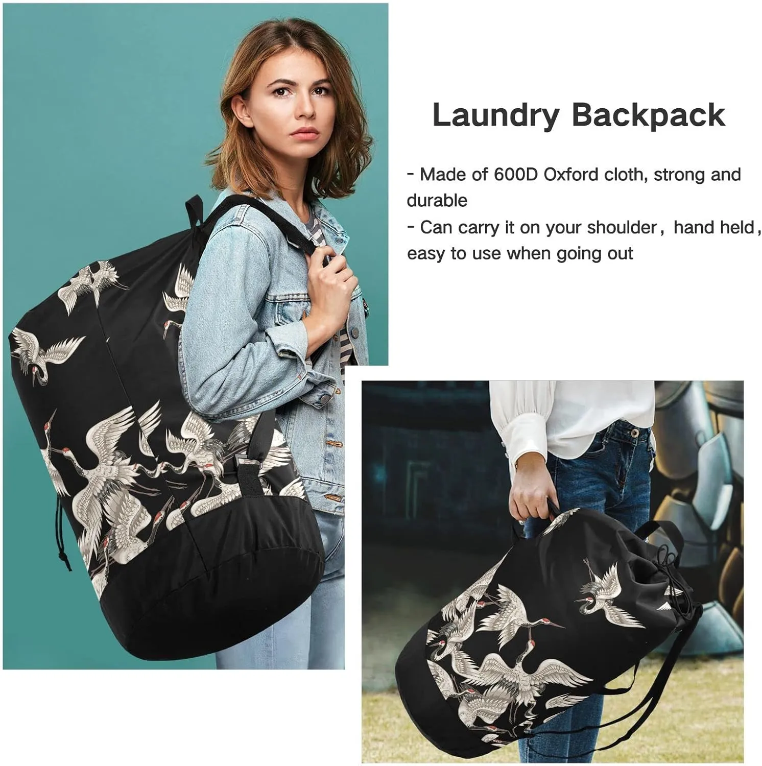 Oyihfvs Seamless Japanese White Cranes Flying on Black Dark Backpack Laundry Bag, Laundry Backpack with Shoulder Straps, Waterproof Nylon Clothes Hamper Bag for Men Women Yoga Backpack