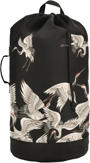 Oyihfvs Seamless Japanese White Cranes Flying on Black Dark Backpack Laundry Bag, Laundry Backpack with Shoulder Straps, Waterproof Nylon Clothes Hamper Bag for Men Women Yoga Backpack