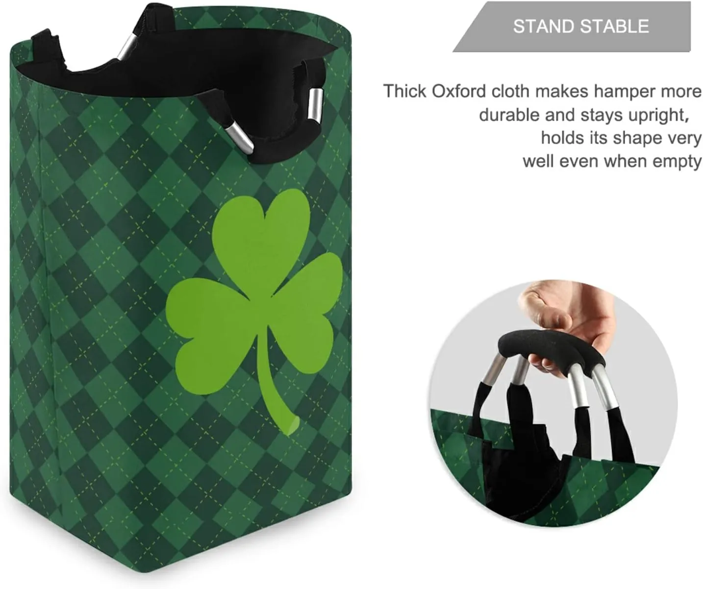 Oyihfvs St Patrick's Day Green Shamrock Clover Lucky on Checker Paid Laundry Hamper Basket Bucket, Foldable Dirty Clothes Bag, Waterproof Fabric Washing Bin, Toy Storage with Handles for Bathroom