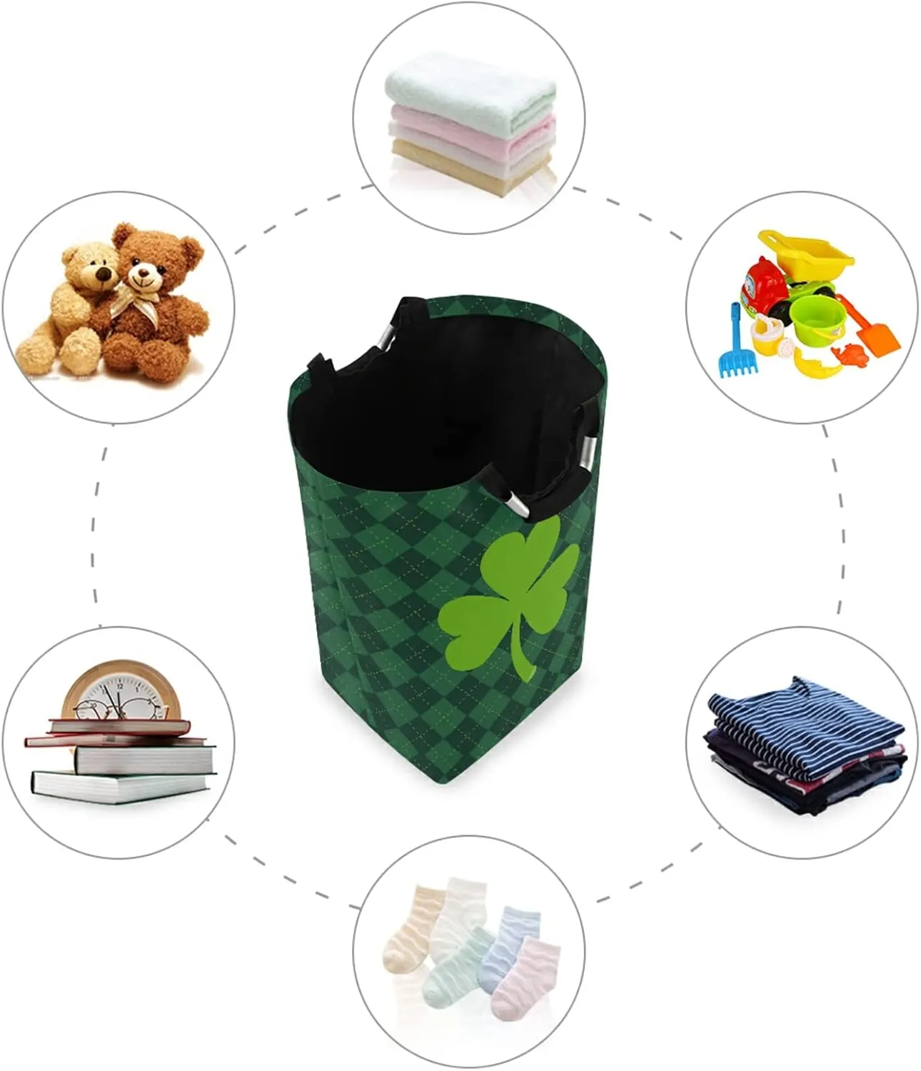 Oyihfvs St Patrick's Day Green Shamrock Clover Lucky on Checker Paid Laundry Hamper Basket Bucket, Foldable Dirty Clothes Bag, Waterproof Fabric Washing Bin, Toy Storage with Handles for Bathroom