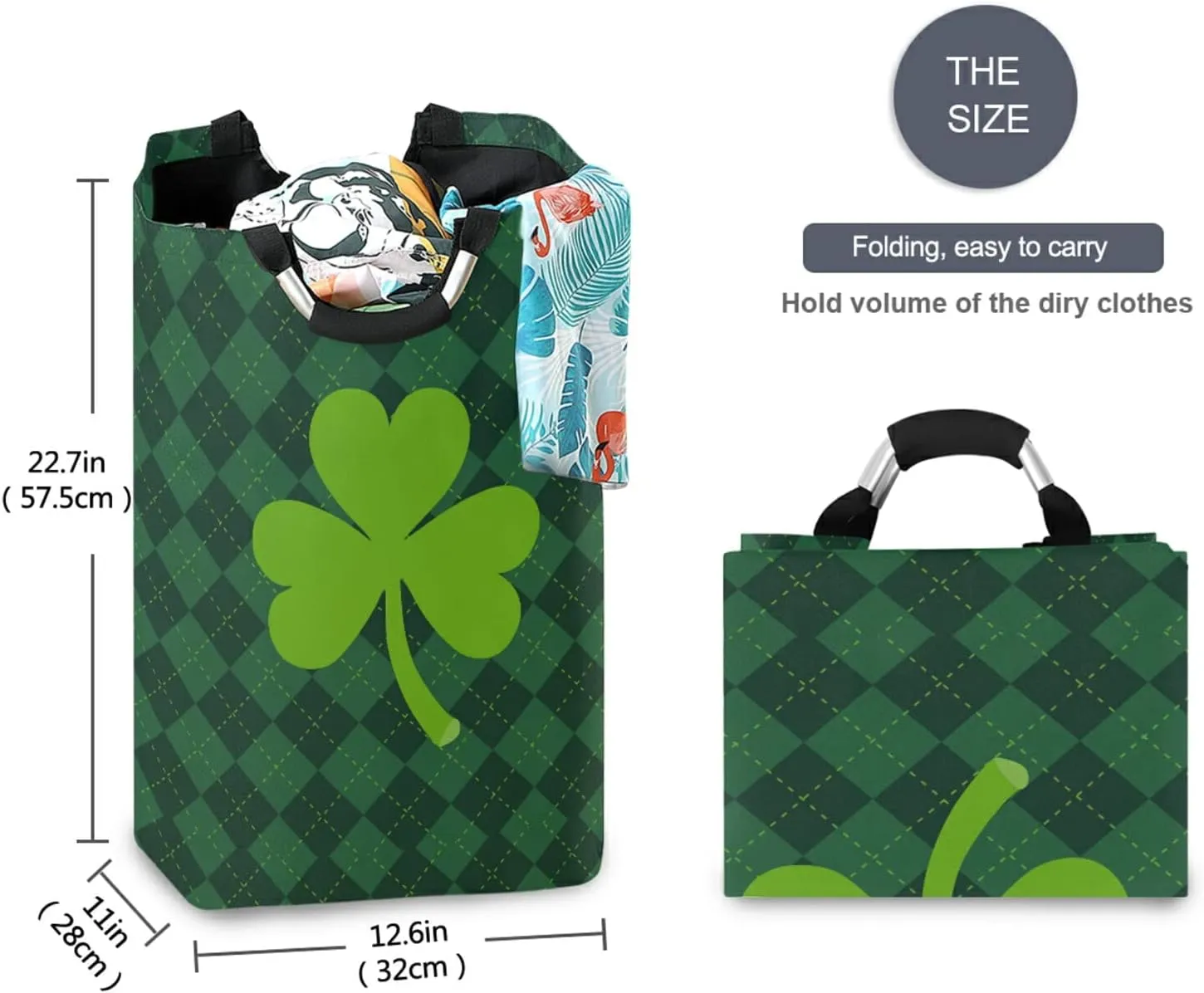 Oyihfvs St Patrick's Day Green Shamrock Clover Lucky on Checker Paid Laundry Hamper Basket Bucket, Foldable Dirty Clothes Bag, Waterproof Fabric Washing Bin, Toy Storage with Handles for Bathroom
