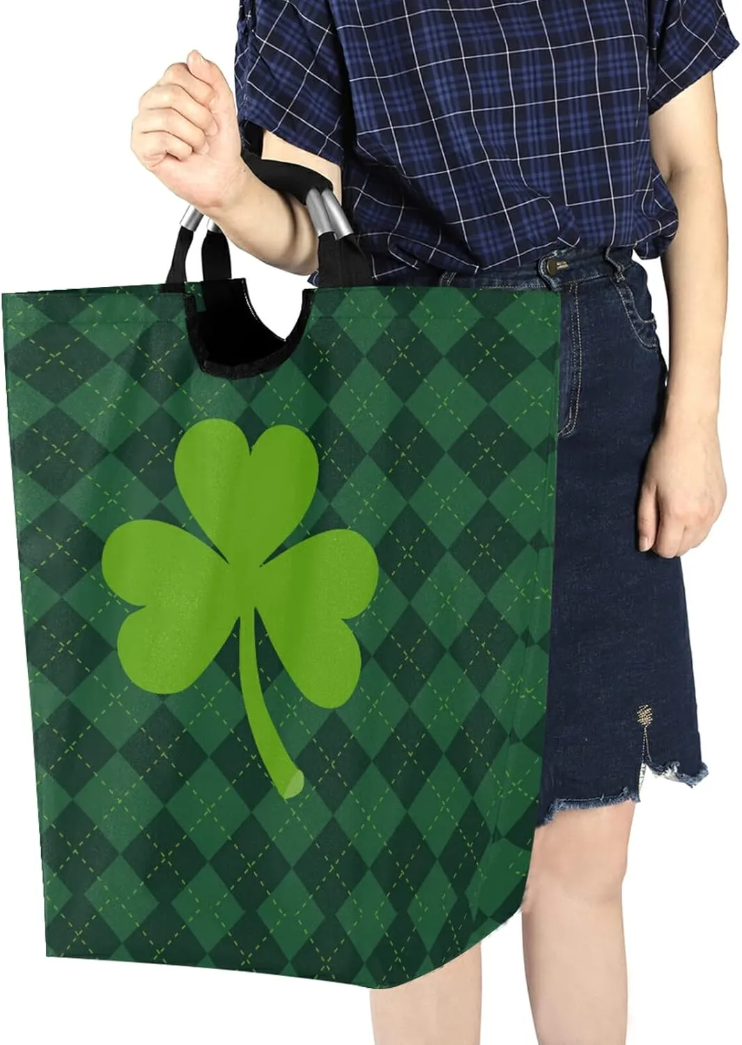 Oyihfvs St Patrick's Day Green Shamrock Clover Lucky on Checker Paid Laundry Hamper Basket Bucket, Foldable Dirty Clothes Bag, Waterproof Fabric Washing Bin, Toy Storage with Handles for Bathroom