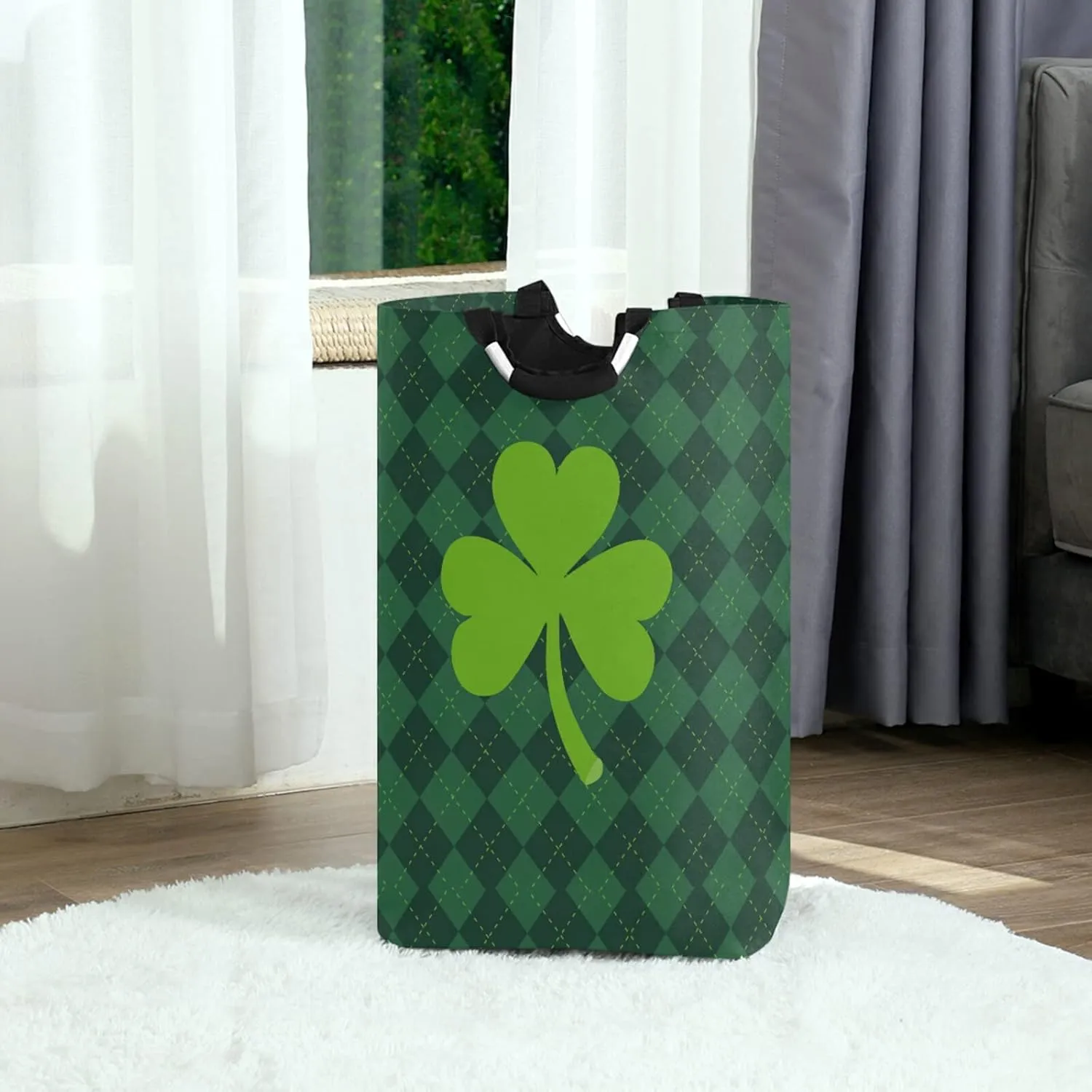 Oyihfvs St Patrick's Day Green Shamrock Clover Lucky on Checker Paid Laundry Hamper Basket Bucket, Foldable Dirty Clothes Bag, Waterproof Fabric Washing Bin, Toy Storage with Handles for Bathroom