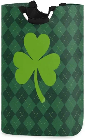 Oyihfvs St Patrick's Day Green Shamrock Clover Lucky on Checker Paid Laundry Hamper Basket Bucket, Foldable Dirty Clothes Bag, Waterproof Fabric Washing Bin, Toy Storage with Handles for Bathroom