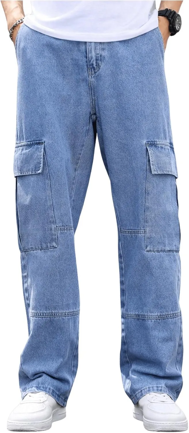 OYOANGLE Men's Flap Pocket Denim Cargo Pants Straight Leg Skateboard Jean Trousers