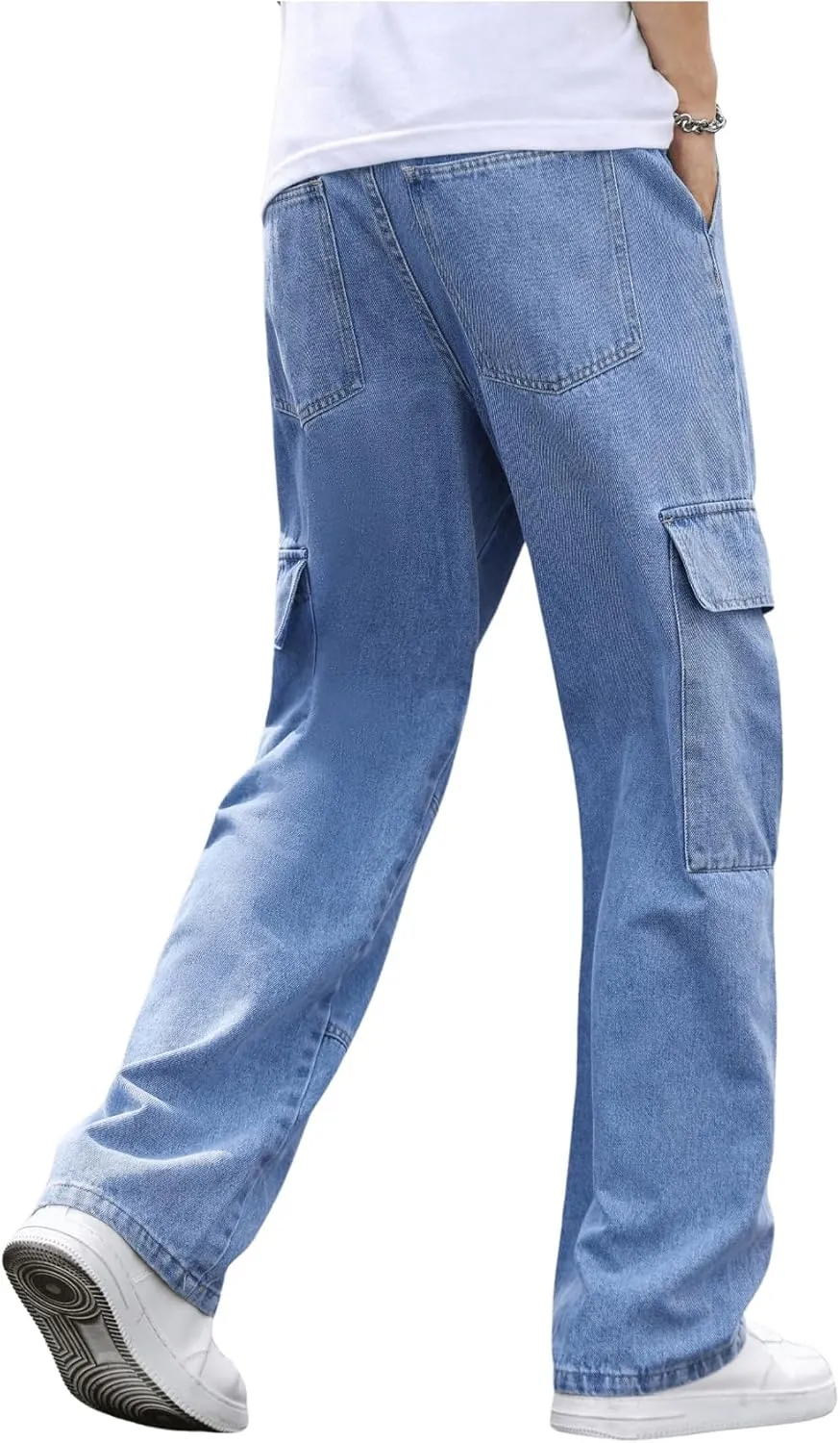 OYOANGLE Men's Flap Pocket Denim Cargo Pants Straight Leg Skateboard Jean Trousers