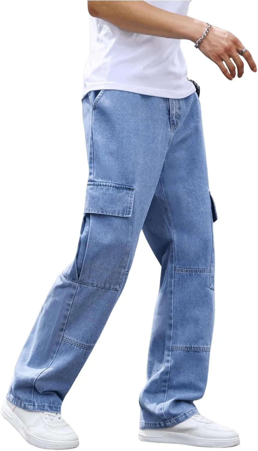 OYOANGLE Men's Flap Pocket Denim Cargo Pants Straight Leg Skateboard Jean Trousers