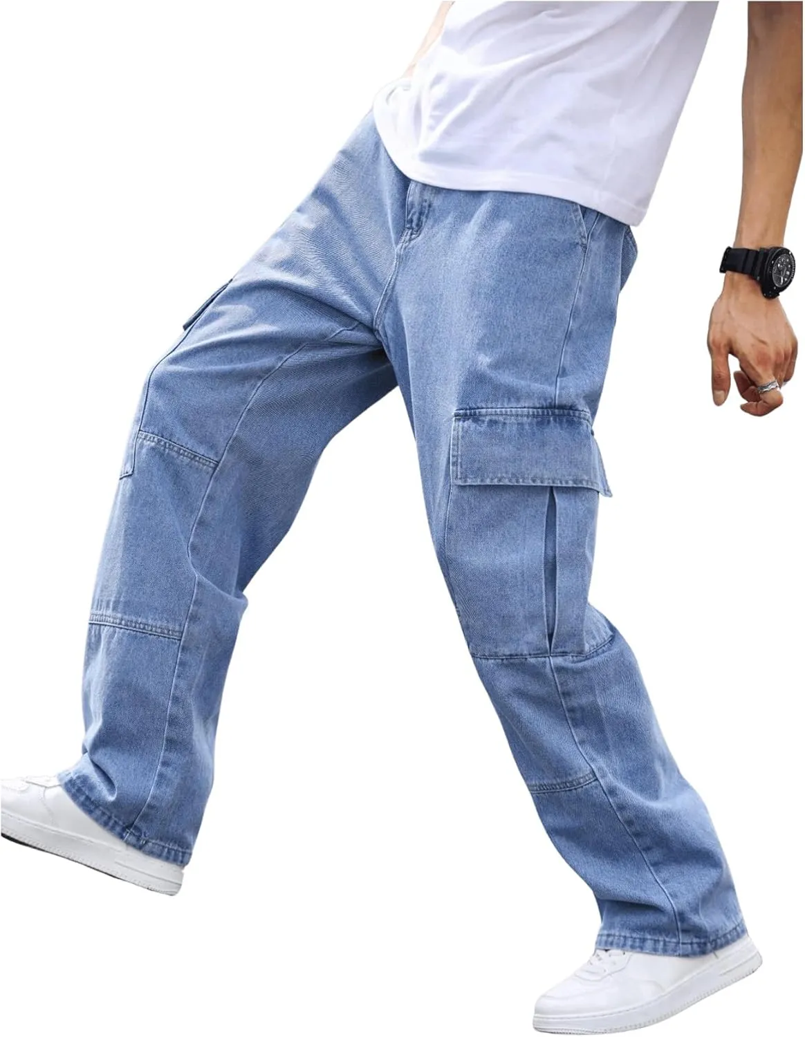 OYOANGLE Men's Flap Pocket Denim Cargo Pants Straight Leg Skateboard Jean Trousers