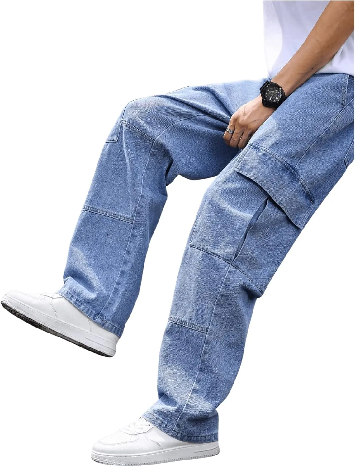 OYOANGLE Men's Flap Pocket Denim Cargo Pants Straight Leg Skateboard Jean Trousers